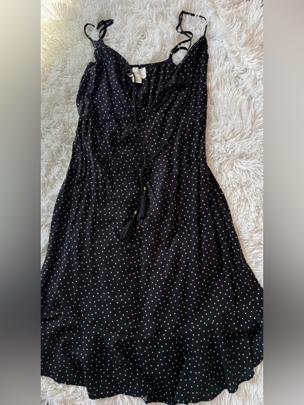 Black Polka Dot Midi Slip Dress with Tassel Tie